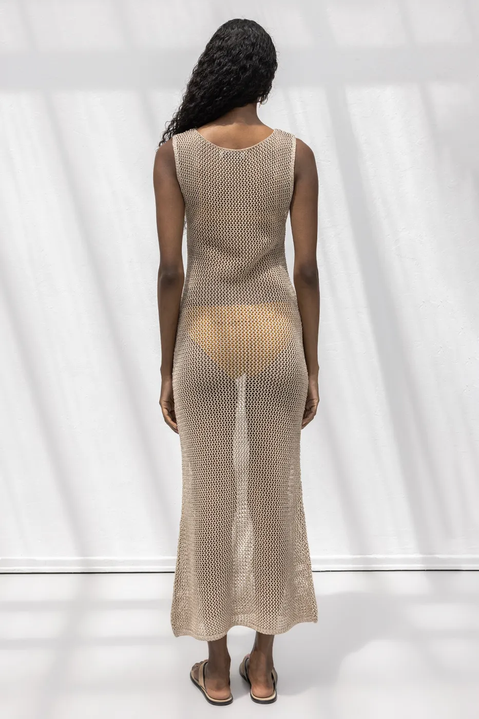 Bayan Bej Simli Örgü Maksi Plaj Elbisesi