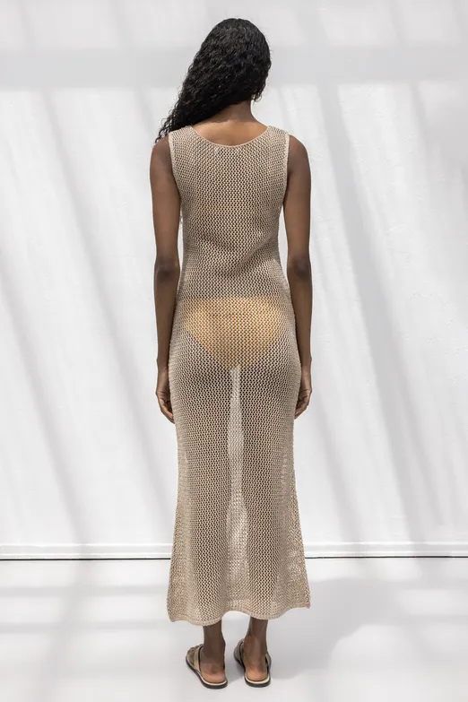 Bayan Bej Simli Örgü Maksi Plaj Elbisesi - BSL