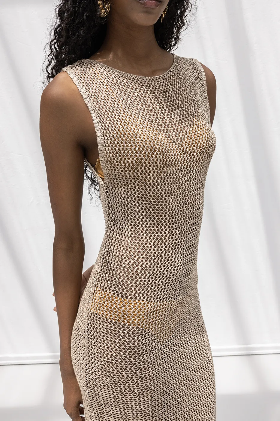 Bayan Bej Simli Örgü Maksi Plaj Elbisesi