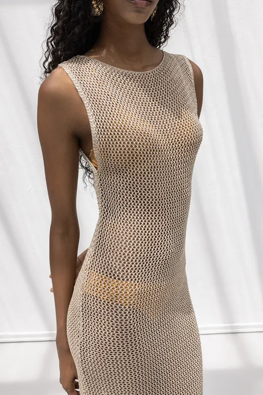 Bayan Bej Simli Örgü Maksi Plaj Elbisesi - BSL