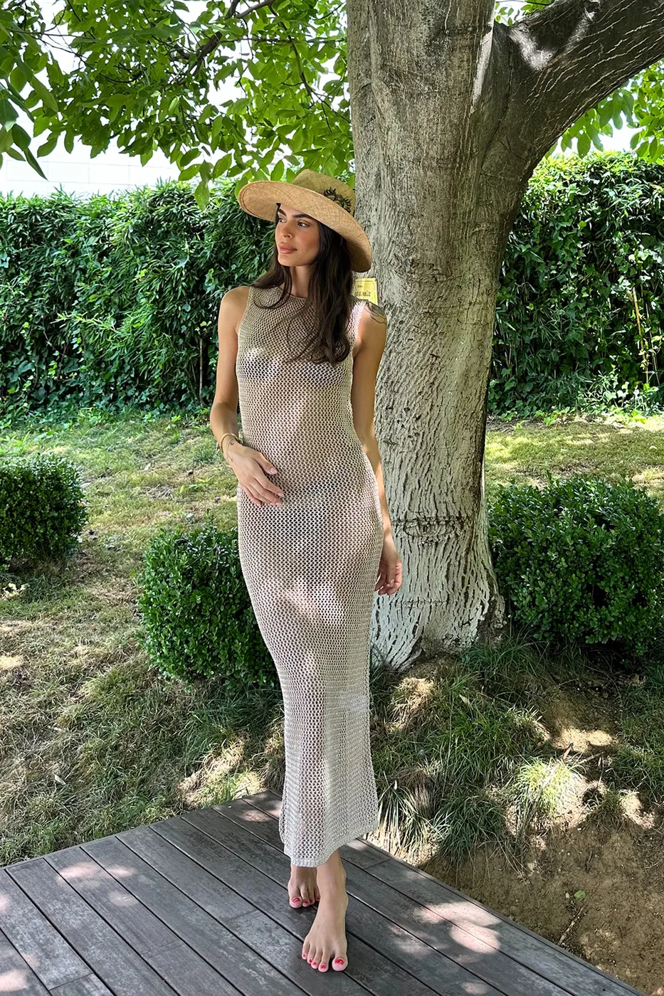 Bayan Bej Simli Örgü Maksi Plaj Elbisesi