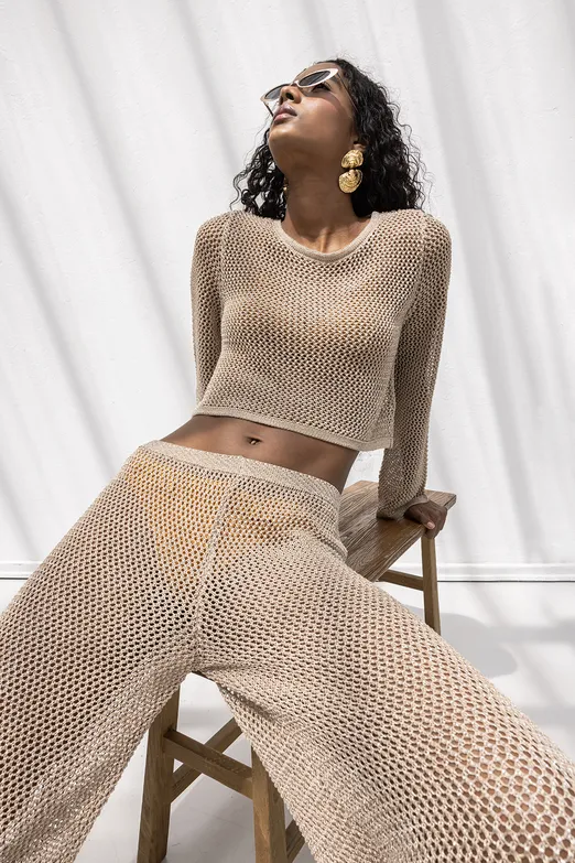 Bayan Bej Simli Örgü Bol Plaj Pantolonu - BSL