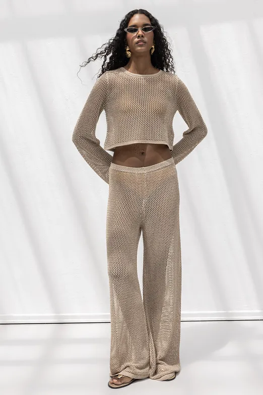 Bayan Bej Simli Örgü Bol Plaj Pantolonu - BSL