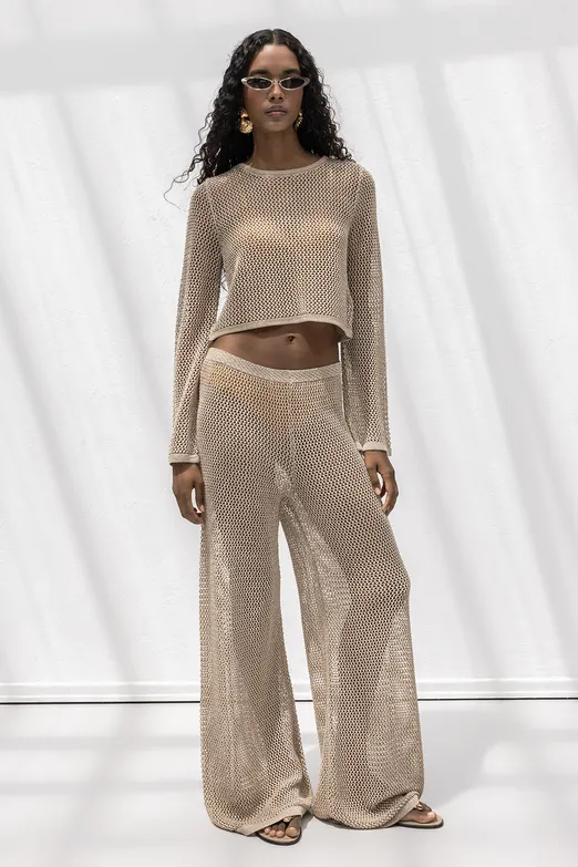 Bayan Bej Simli Örgü Bol Plaj Pantolonu - BSL