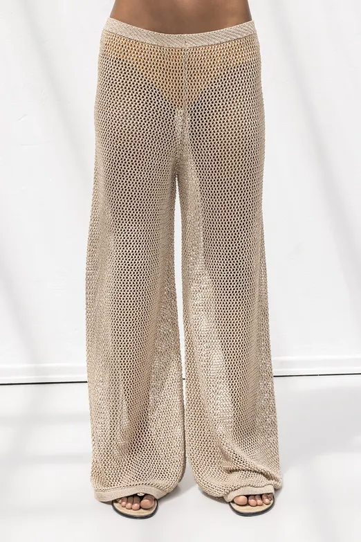 Bayan Bej Simli Örgü Bol Plaj Pantolonu - BSL
