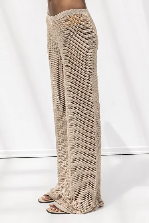 Bayan Bej Simli Örgü Bol Plaj Pantolonu - BSL