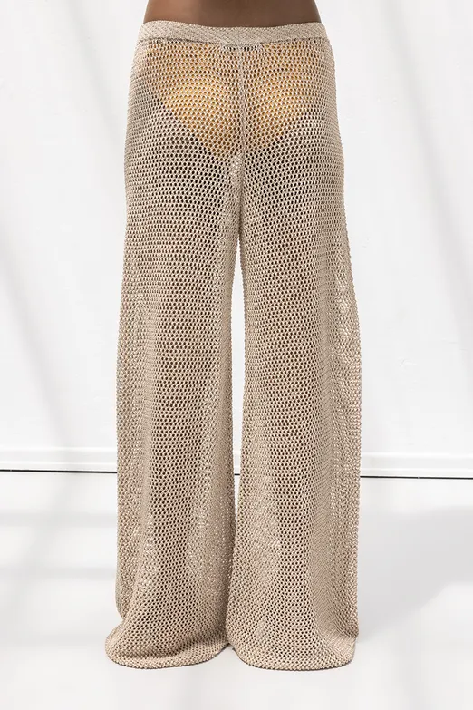 Bayan Bej Simli Örgü Bol Plaj Pantolonu - BSL