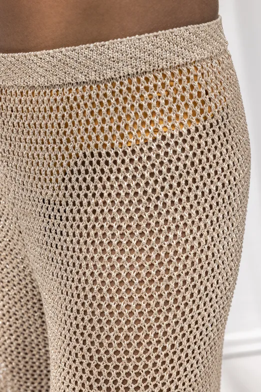 Bayan Bej Simli Örgü Bol Plaj Pantolonu - BSL