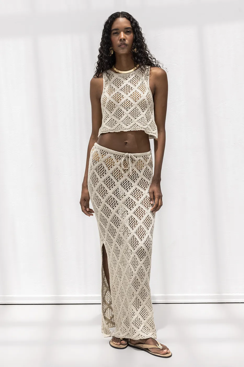 Bayan Bej Örme File Maksi Plaj Eteği