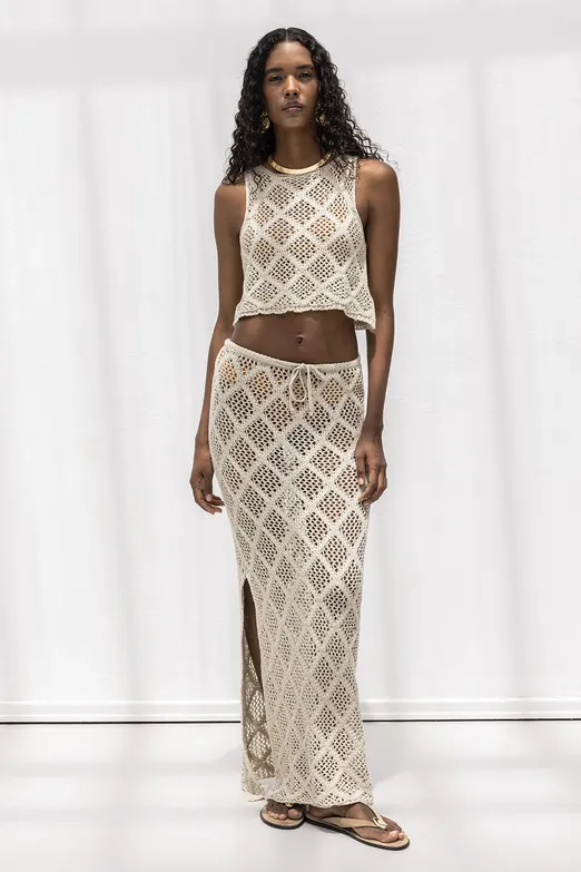 Bayan Bej Örme File Maksi Plaj Eteği - BSL