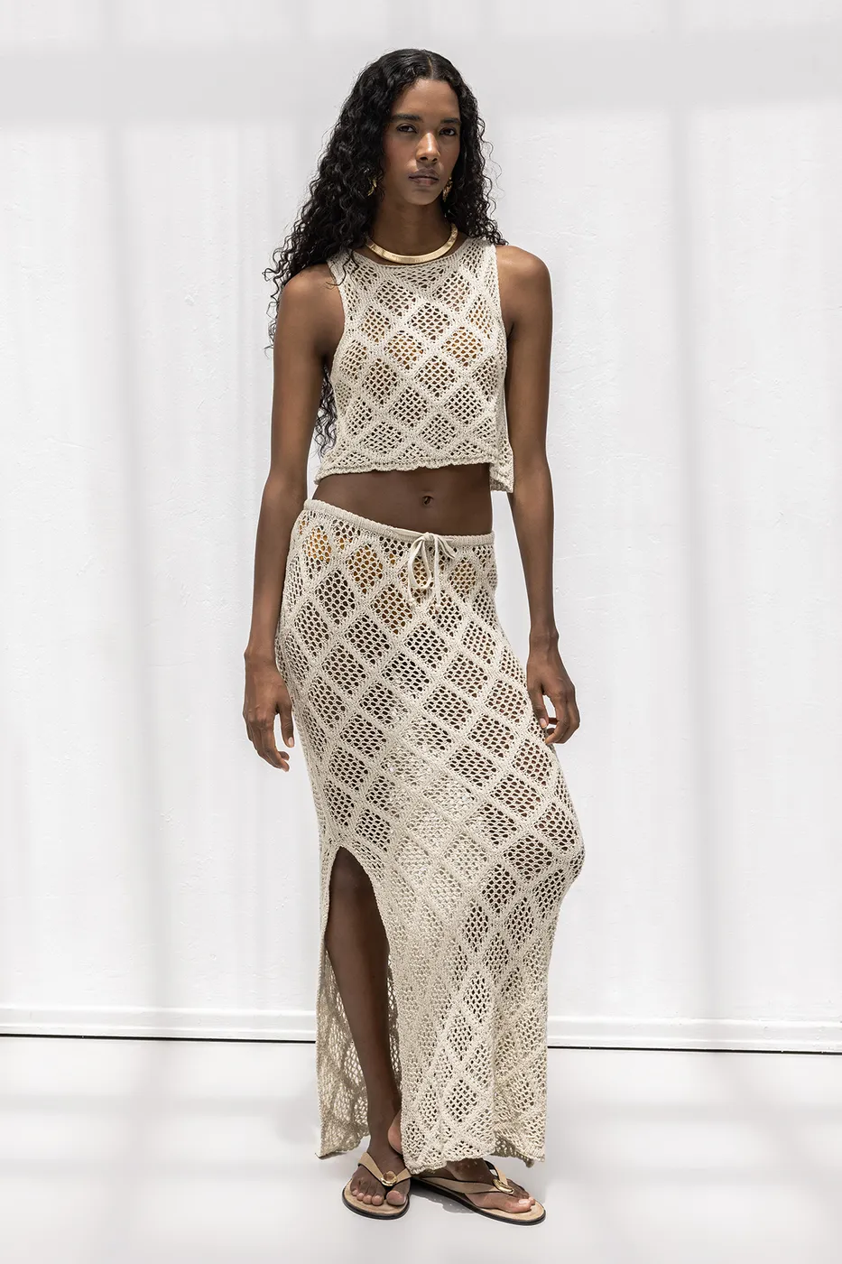 Bayan Bej Örme File Maksi Plaj Eteği