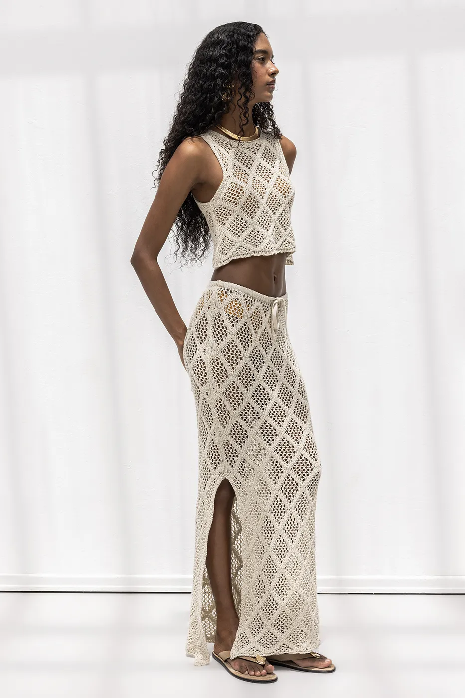 Bayan Bej Örme File Maksi Plaj Eteği