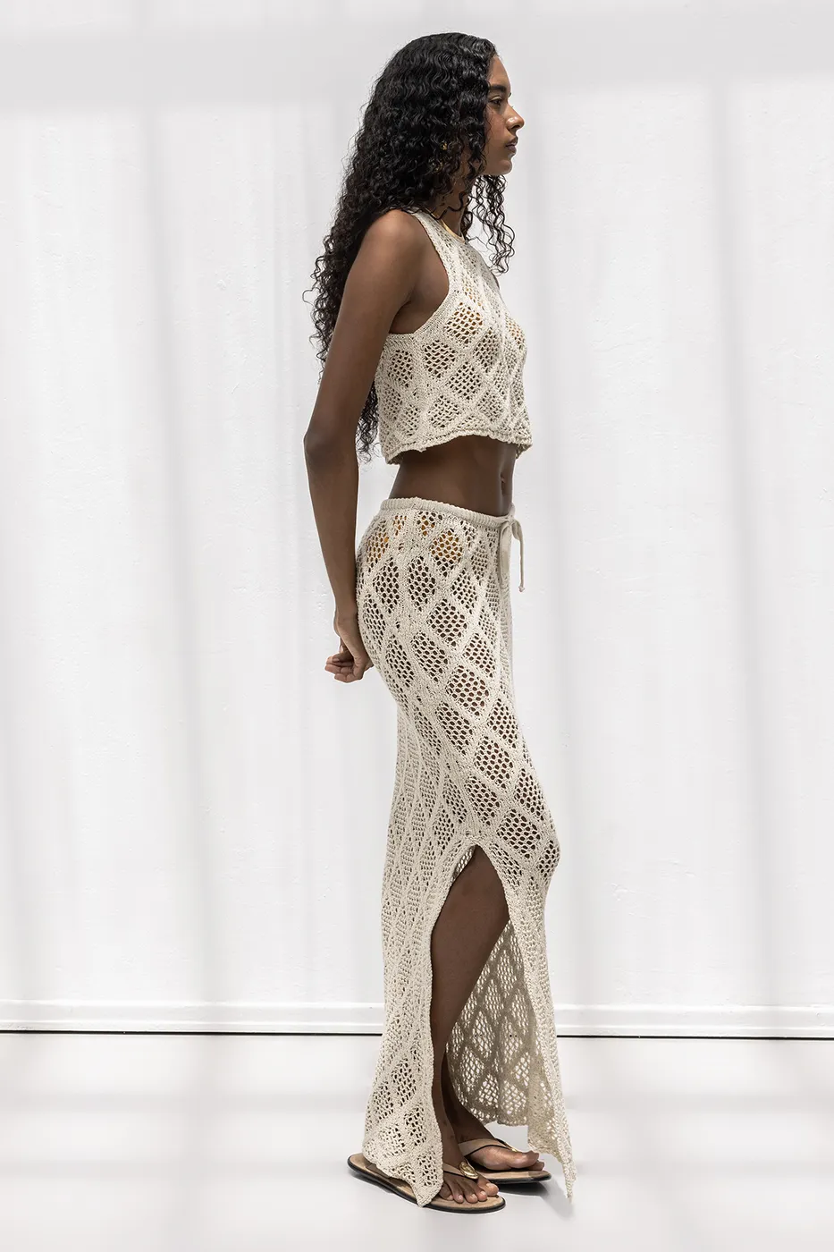 Bayan Bej Örme File Maksi Plaj Eteği