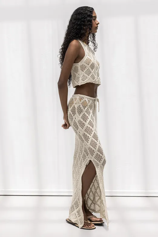 Bayan Bej Örme File Maksi Plaj Eteği - BSL