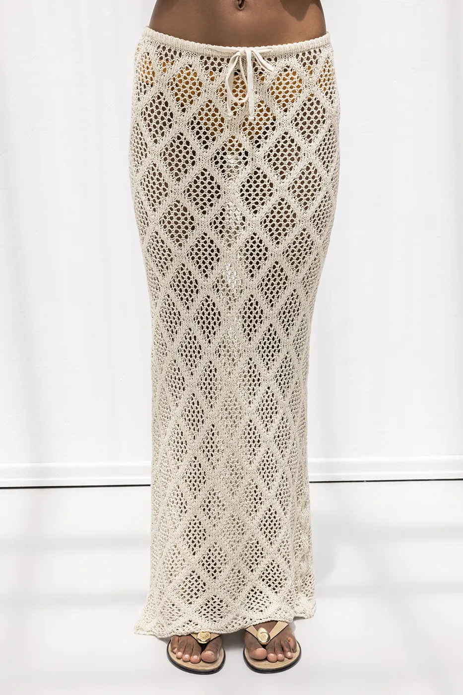 Bayan Bej Örme File Maksi Plaj Eteği