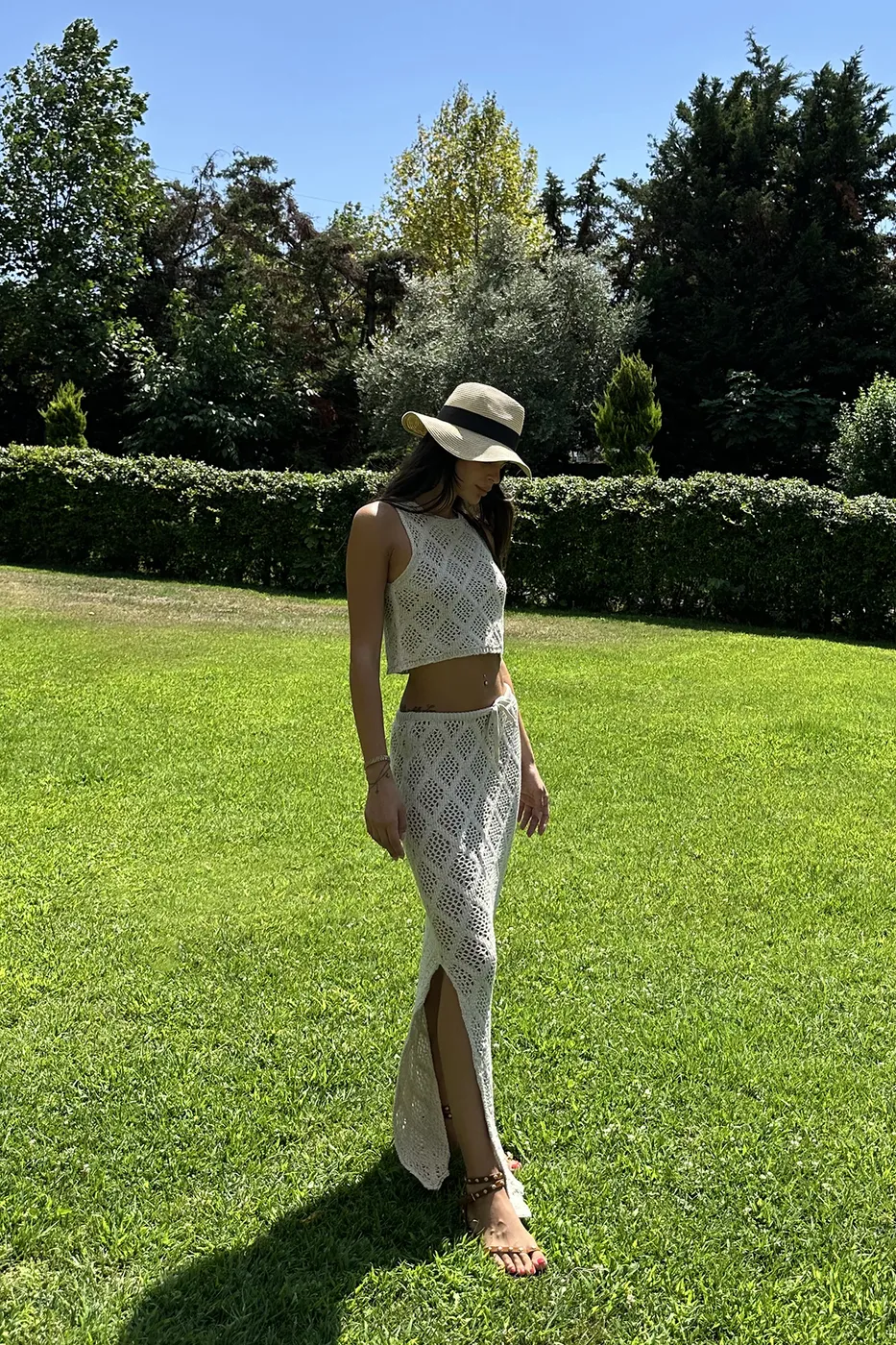 Bayan Bej Crop Örgü Bluz