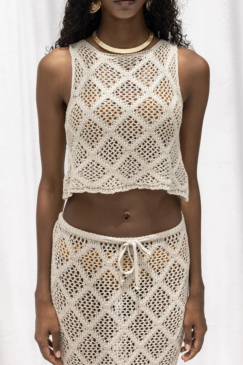 Bayan Bej Crop Örgü Bluz