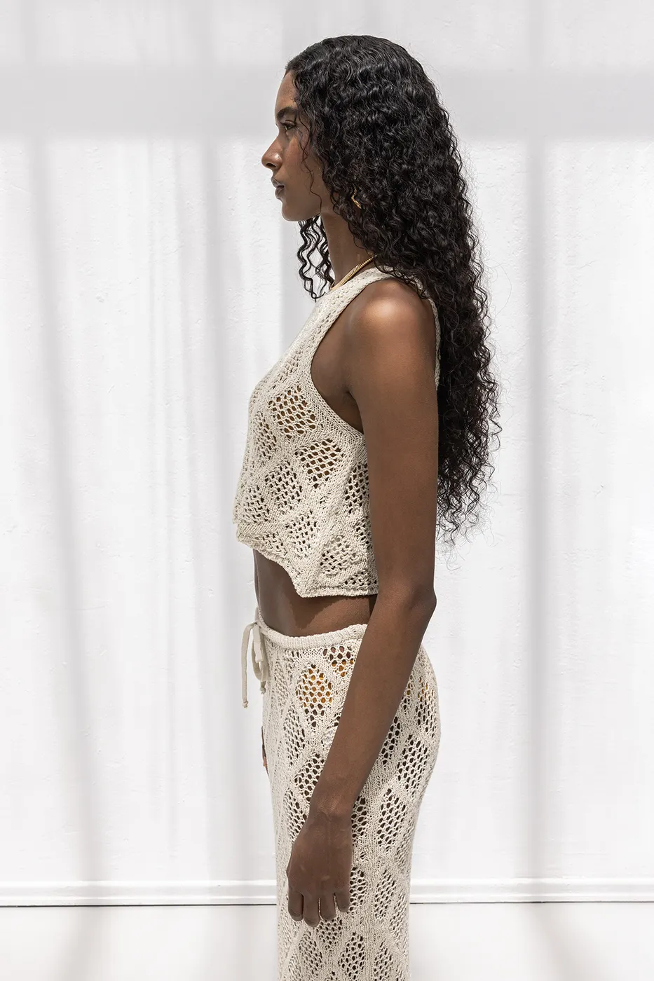 Bayan Bej Crop Örgü Bluz