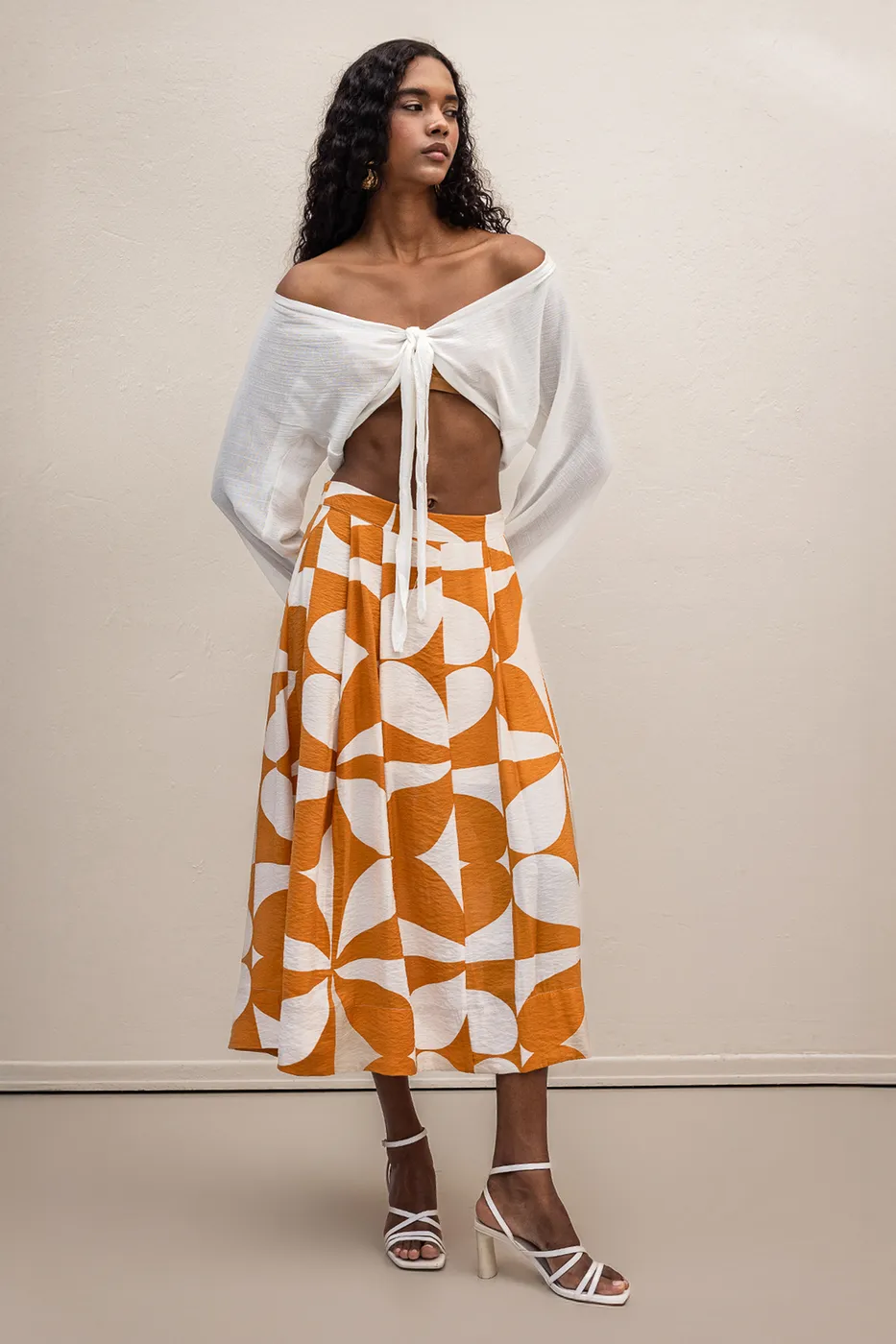 Bayan Hardal Desenli Midi Etek