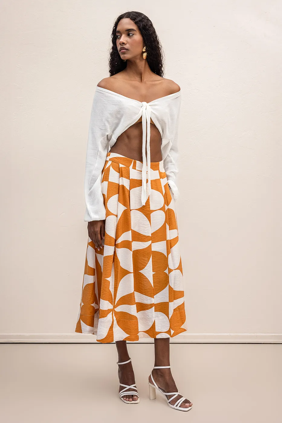 Bayan Hardal Desenli Midi Etek