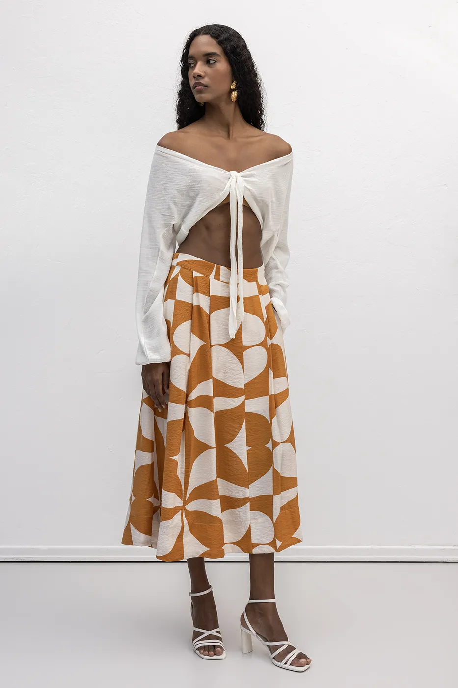 Bayan Hardal Desenli Midi Etek