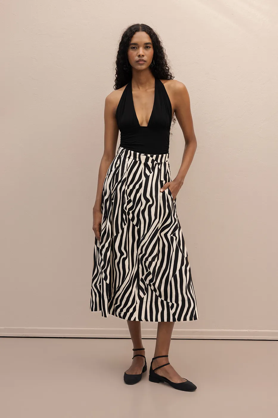 Bayan Siyah Desenli Midi Etek