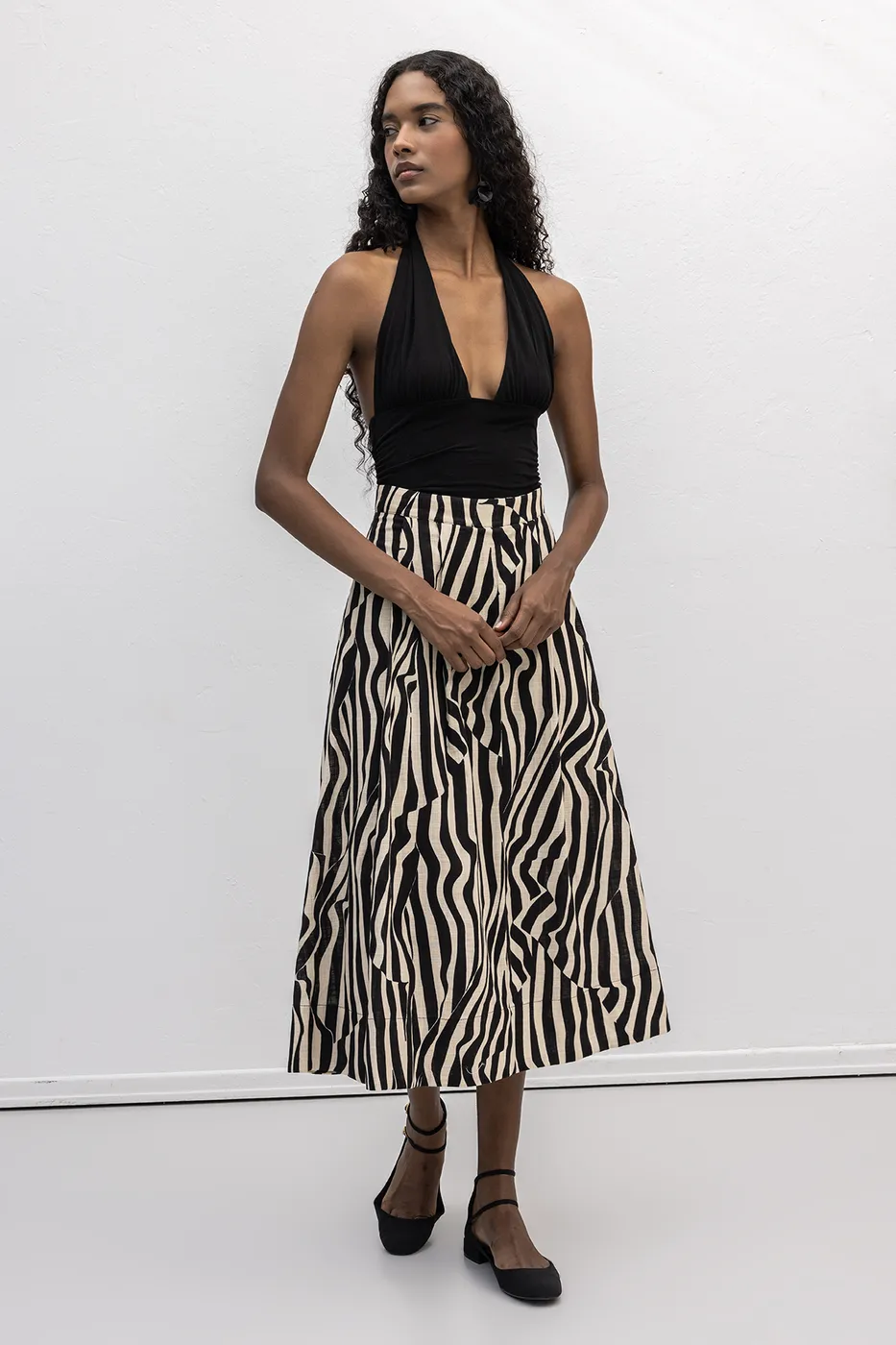 Bayan Siyah Desenli Midi Etek