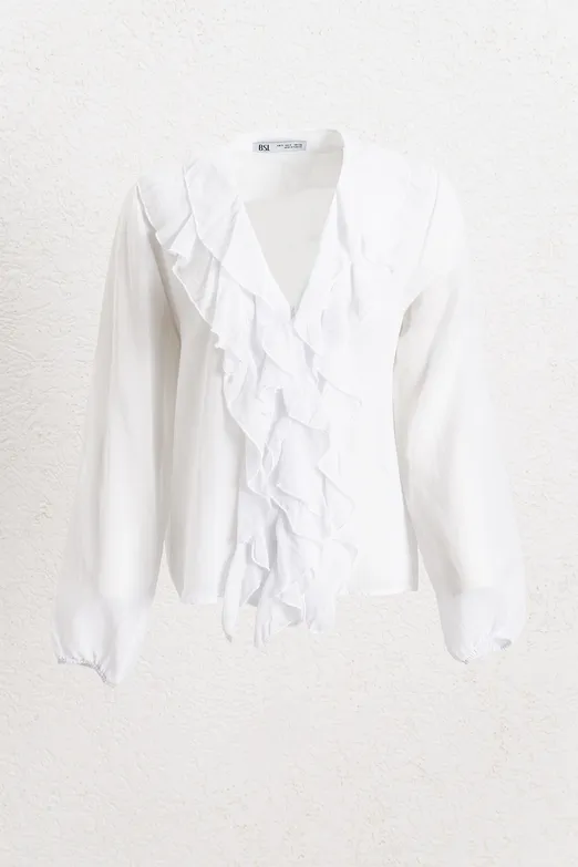 Bayan Beyaz Volanlı Cotton Gömlek - BSL
