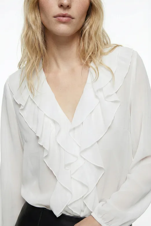 Bayan Beyaz Volanlı Cotton Gömlek - BSL