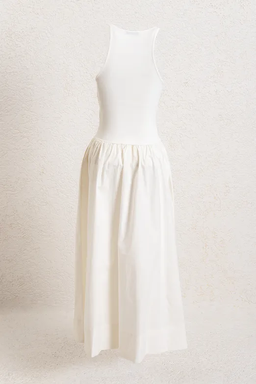 Bayan Beyaz Halter Yaka Büzgülü Midi Elbise - BSL