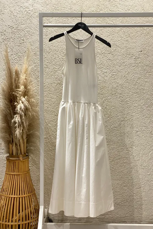 Bayan Beyaz Halter Yaka Büzgülü Midi Elbise - BSL