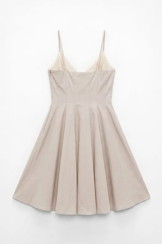 Bayan Bej Askılı Poplin Mini Elbise - BSL