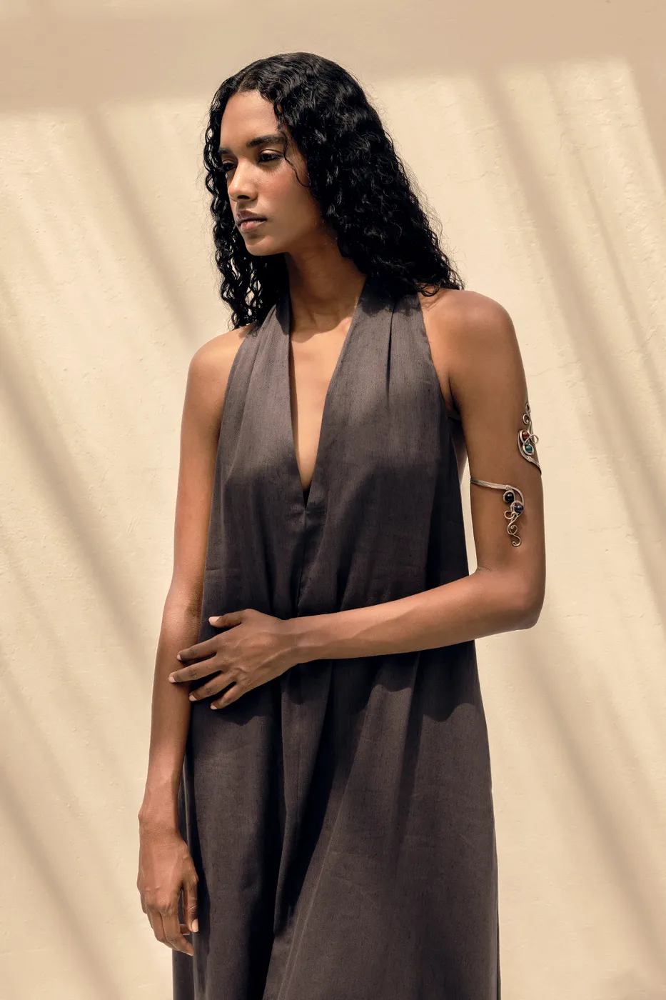 Bayan Kahverengi Oversize Keten Karışım Midi Elbise