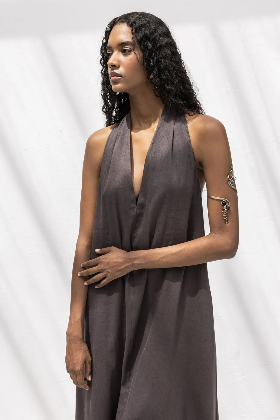 Bayan Kahverengi Oversize Keten Karışım Midi Elbise