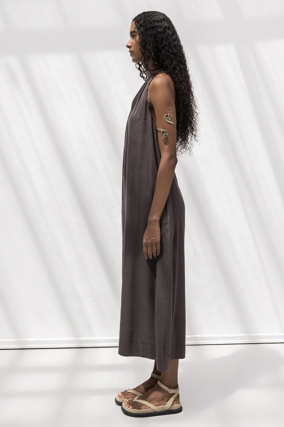 Bayan Kahverengi Oversize Keten Karışım Midi Elbise