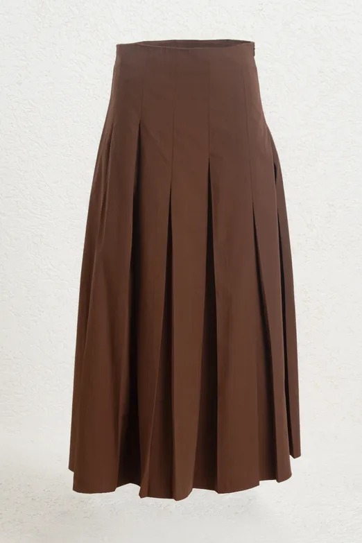 Bayan Kahverengi Pileli Midi Cotton Etek - BSL