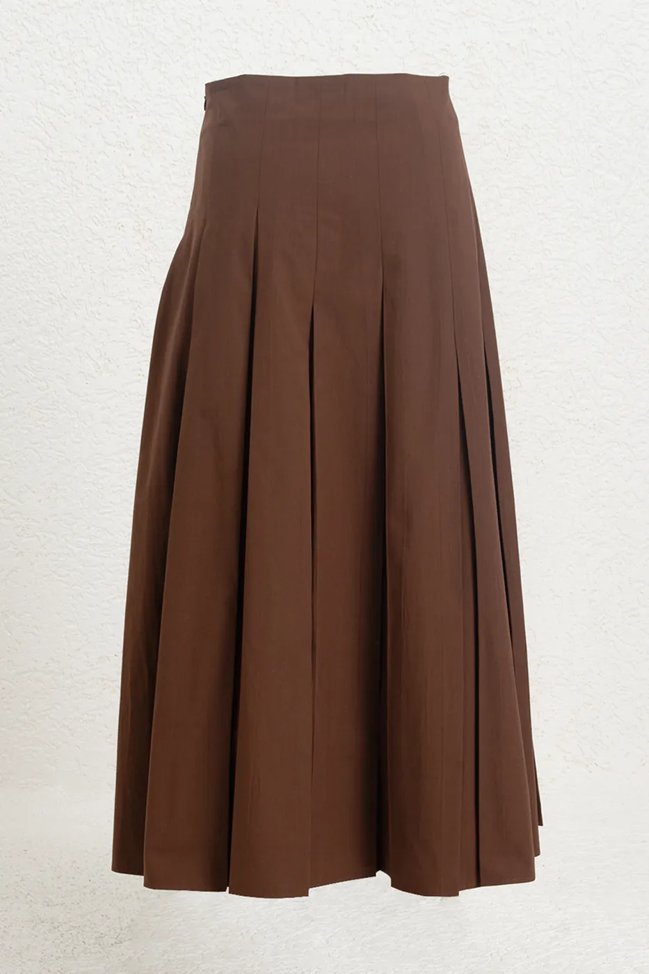 Bayan Kahverengi Pileli Midi Cotton Etek