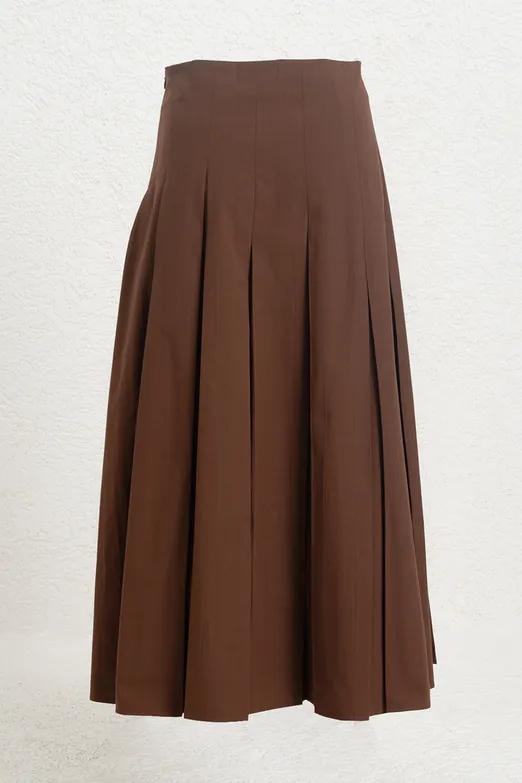 Bayan Kahverengi Pileli Midi Cotton Etek - BSL