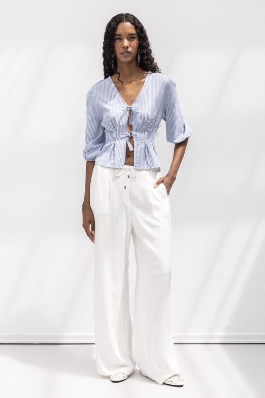 Bayan  Keten Karışım Kemerli Geniş Pantolon