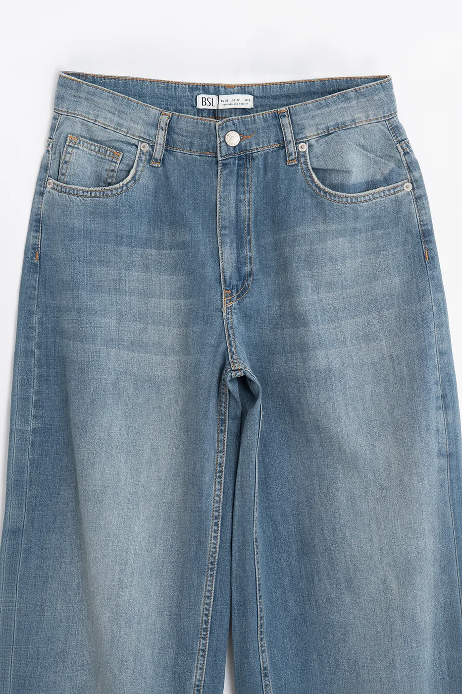 Bayan Mavi Düşük Bel Bol Paça Denim Pantolon