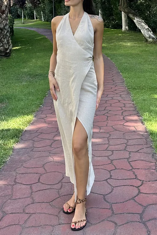 Bayan Bej Keten Karışımlı Midi Elbise - BSL