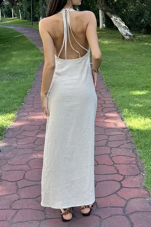 Bayan Bej Keten Karışımlı Midi Elbise - BSL