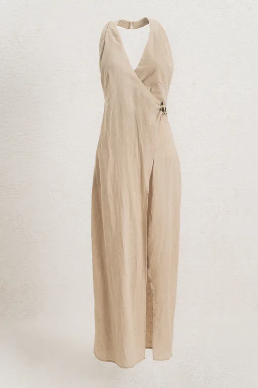 Bayan Bej Keten Karışımlı Midi Elbise - BSL