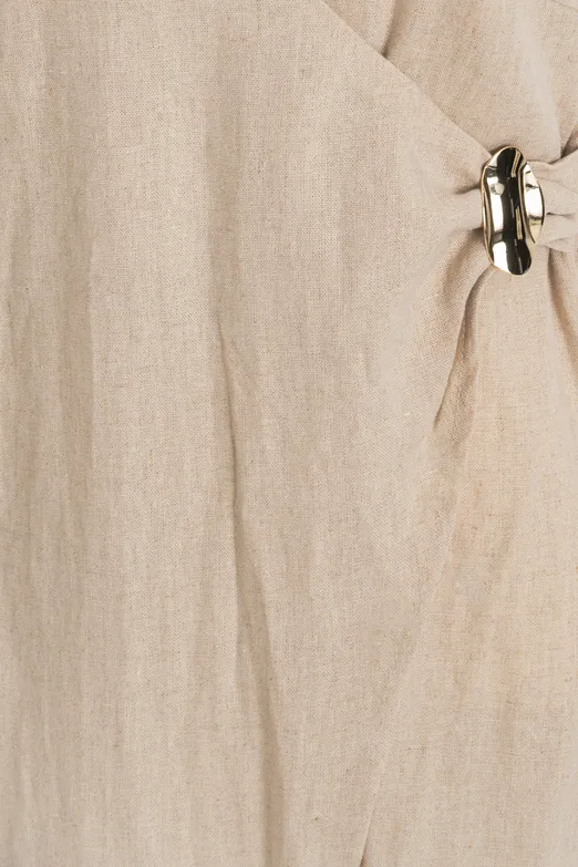 Bayan Bej Keten Karışımlı Midi Elbise - BSL