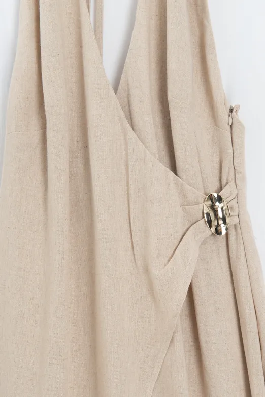 Bayan Bej Keten Karışımlı Midi Elbise - BSL