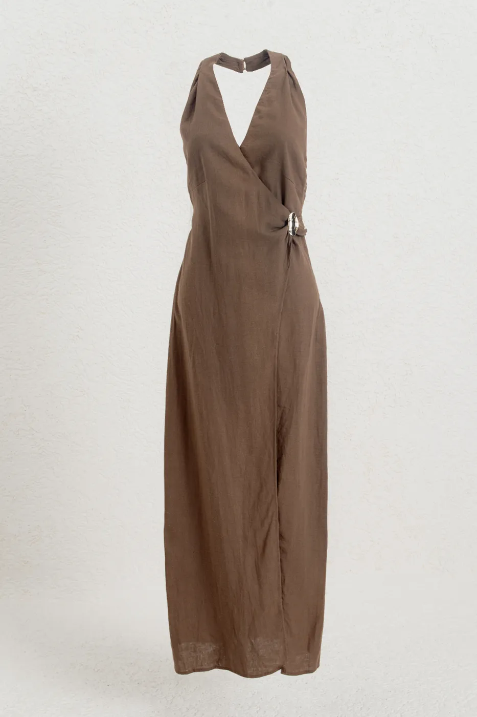 Bayan Kahverengi Keten Karışımlı Midi Elbise