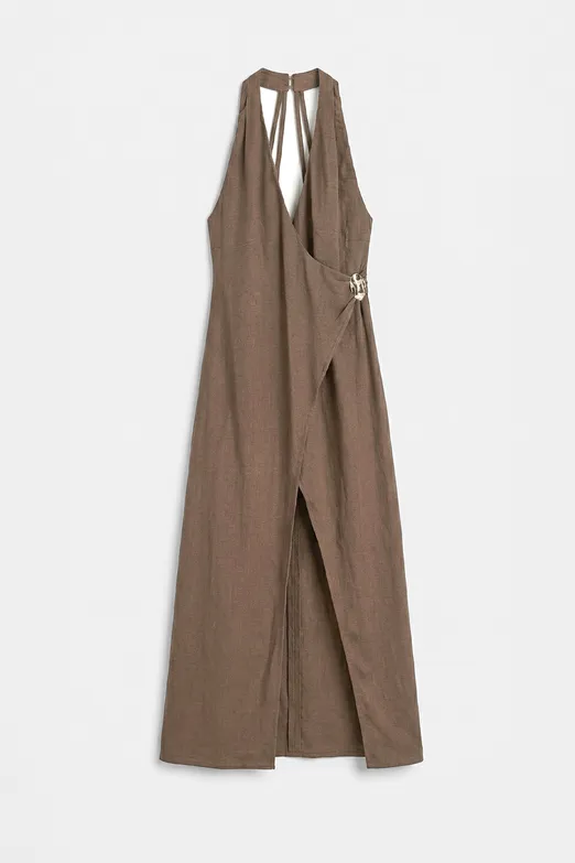 Bayan Kahverengi Keten Karışımlı Midi Elbise - BSL