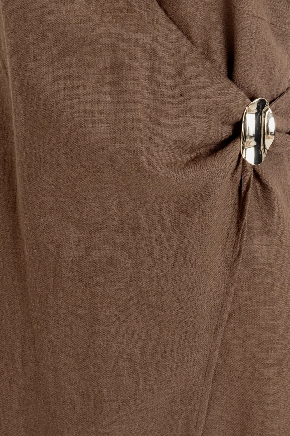 Bayan Kahverengi Keten Karışımlı Midi Elbise