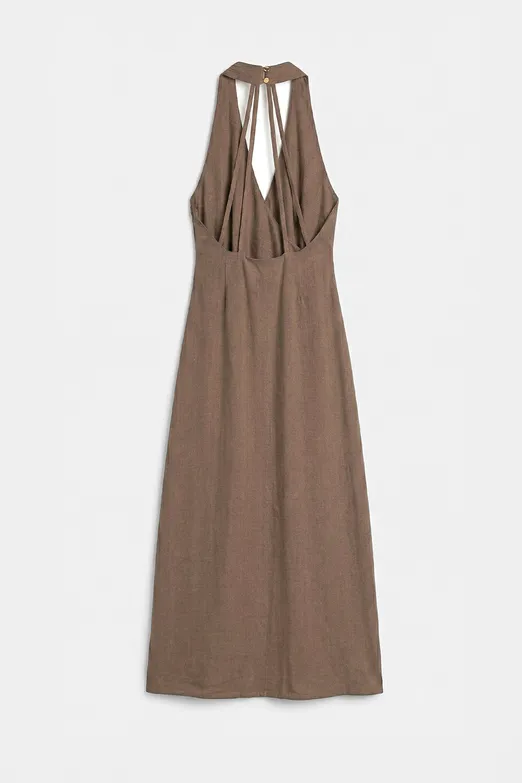 Bayan Kahverengi Keten Karışımlı Midi Elbise - BSL