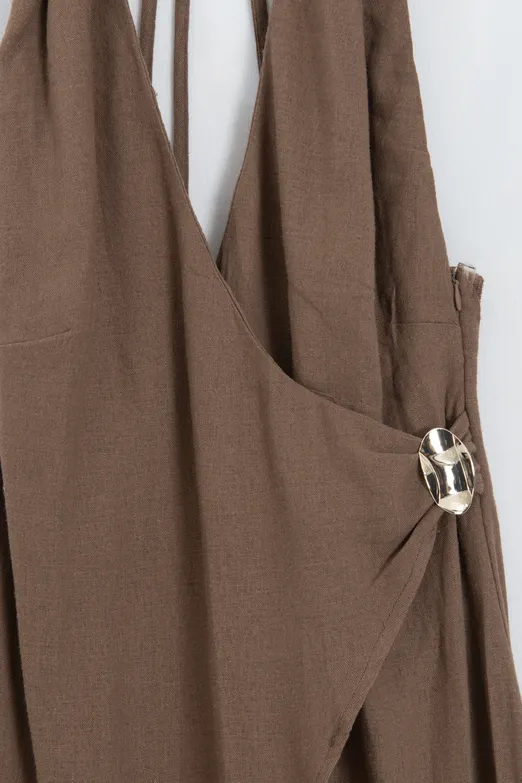 Bayan Kahverengi Keten Karışımlı Midi Elbise - BSL